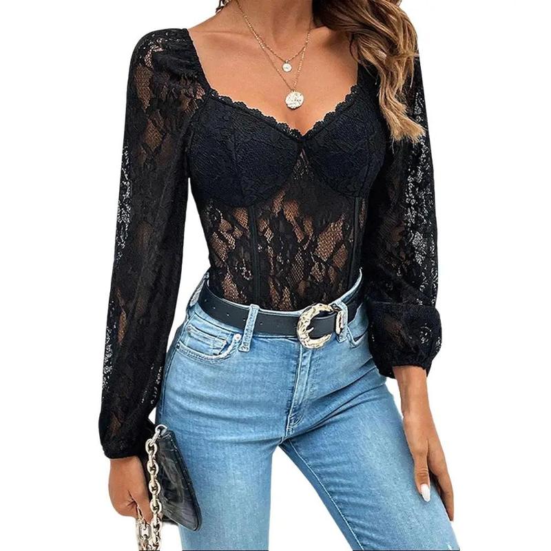 Women's Lace Long Sleeve V Neck Bodysuit