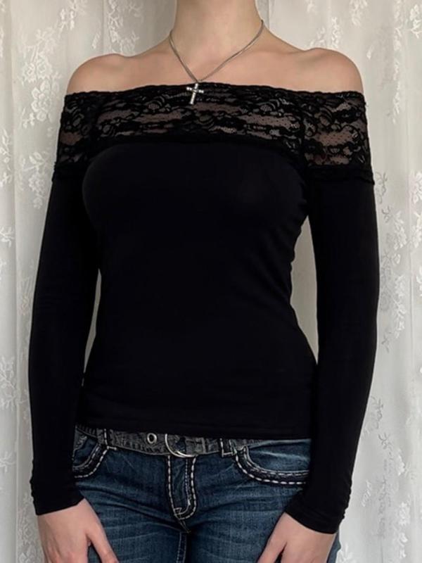 Women's Solid Contrast Lace Off Shoulder Crop Tee, Elegant Casual Long Sleeve T-shirt for Spring & Fall, Women's Tops, Going Out Tops, Y2k Soft Top, Women's Clothing, Fall Outfits 2024 Vintage Clothing