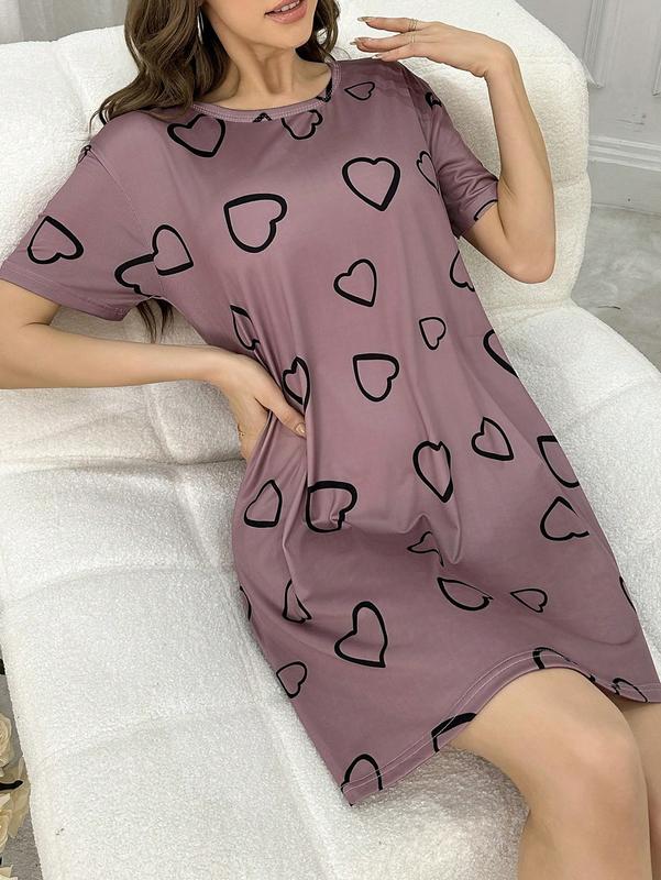 Heart Print Short Sleeve Pajama Night Dress With Round Neckline long sleeve Women's V-Neck sleep dress Comfort Comfortable