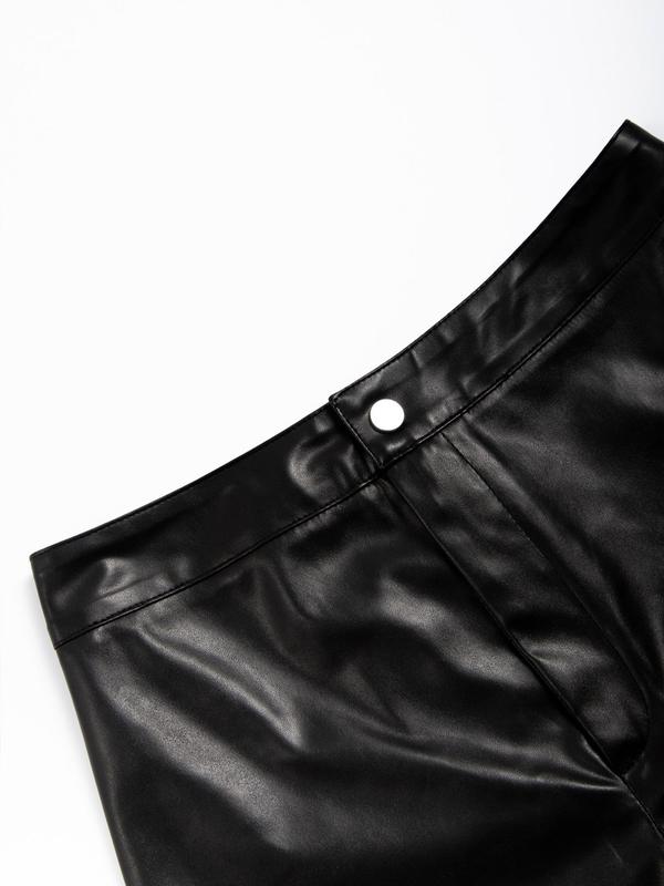 Women's Solid High Waist PU Leather Shorts, Fashion Casual Button Fly Shorts for Daily Outdoor Wear, Ladies Bottoms for Summer