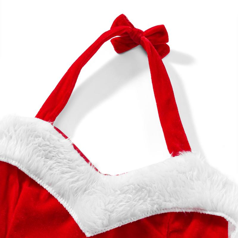 Women's Mrs. Claus Costume, Sleeveless Faux Fur Trim Halter Romper Short Jumpsuit