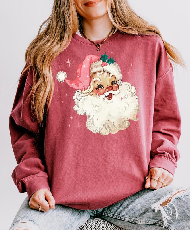 Comfort Colors Pink Santa Sweatshirt, Retro Christmas Sweatshirt, Vintage Santa Claus Shirt, Pink Christmas Sweater, Christmas Hoodie, Matching Family Gift