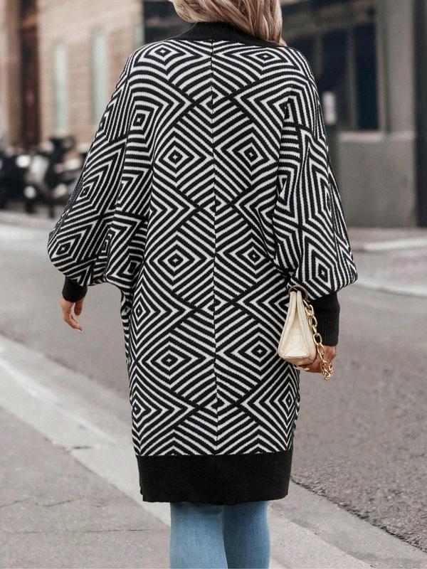 Women's Colorblock Geometric Print Batwing Sleeve Cardigan, Casual Long Sleeve Open Front Knitwear for Fall & Winter, Cardigan for Women, Fashion Women's Knit Clothing for Daily Wear, Fall Clothes