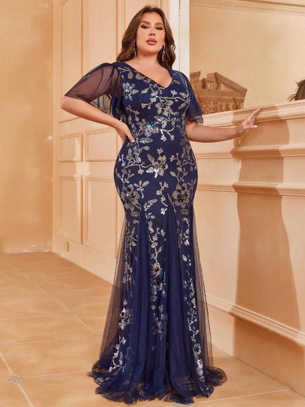 Plus Size Floral Print Backless Contrast Mesh Glitter Sequin Mermaid Vintage Evening Dress, Elegant Formal Dresses, Elegant V Neck Butterfly Sleeve Evening Party Gown, Women's Clothes for All Seasons