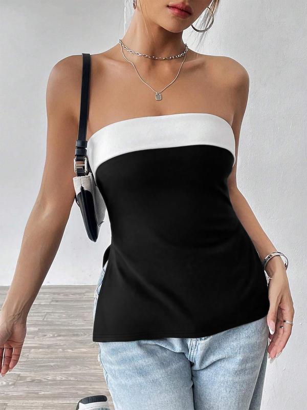 Women's Colorblock Backless Split Side Tube Top, Casual Strapless Top for Summer,  Women's Clothing for Daily Wear