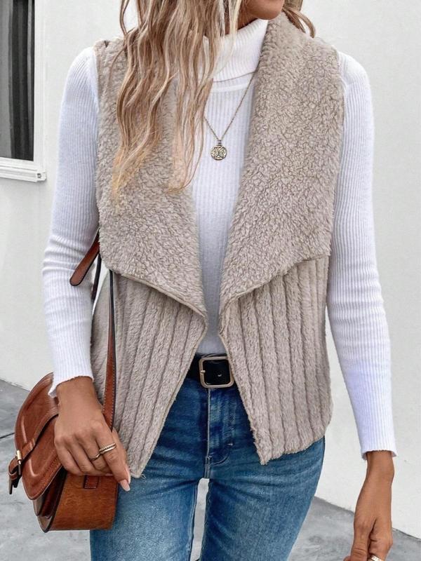  Women's Solid Color Jacquard Open Front Vest Coat, Casual Sleeveless Collared Outerwear for Fall & Winter, Women's Clothes for Daily Wear