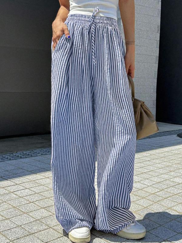 Women's Striped Print Drawstring Waist Wide Leg Pants, Casual Pocket Trousers for Daily Wear, Ladies Bottoms for All Seasons