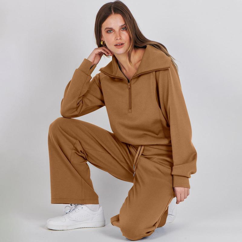 ANRABESS Women 2 Piece Outfits Sweatsuit Set 2024 Fall Oversized Half Zip Sweatshirt Wide Leg Sweatpant Lounge Set Tracksuit