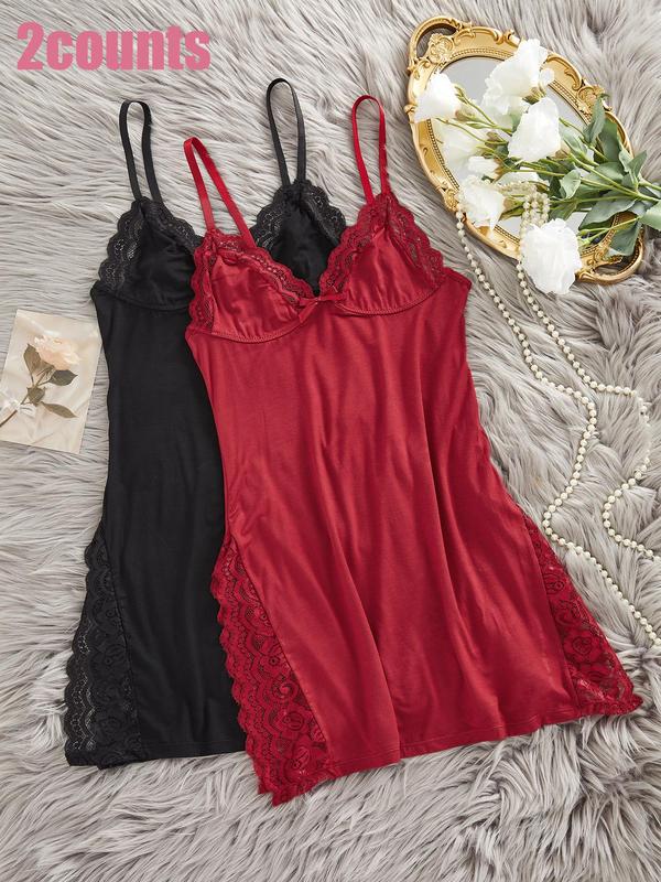 Women's Contrast Lace Bow Decor Cami Nightdress, Casual Soft Comfortable Sleep Dress, Spaghetti Strap Nightgown for All Seasons, Ladies Sleepwear for Daily Wear