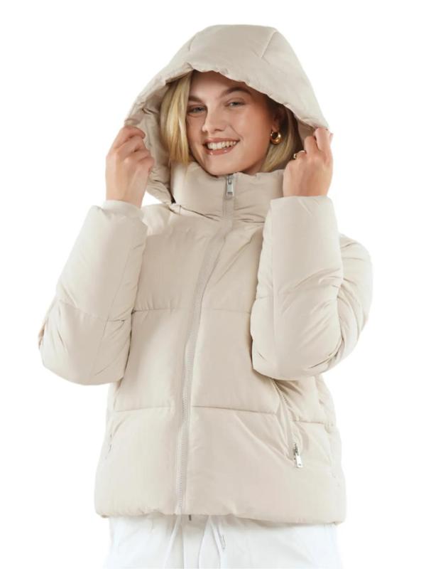 Women's Solid Zip Up Pocket Hooded Warm Puffer Jacket, Casual Windproof Waterproof Long Sleeve Outerwear Coat for Fall & Winter Daily Wear