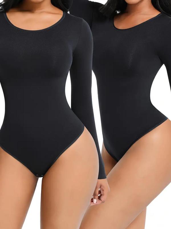 Women's Solid Scoop Neck Long Sleeve Shapewear Bodysuit, Adjustable Hook Closure Tummy Control Butt Lifting Seamless Shaper, Women's Shapewear for Daily Wear