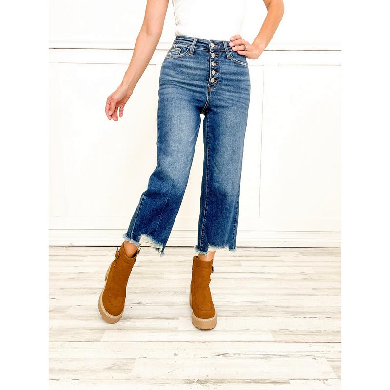 Judy Blue ROXANNE Hi-Rise Button Fly Distressed Hem Cropped Wide Leg Jeans