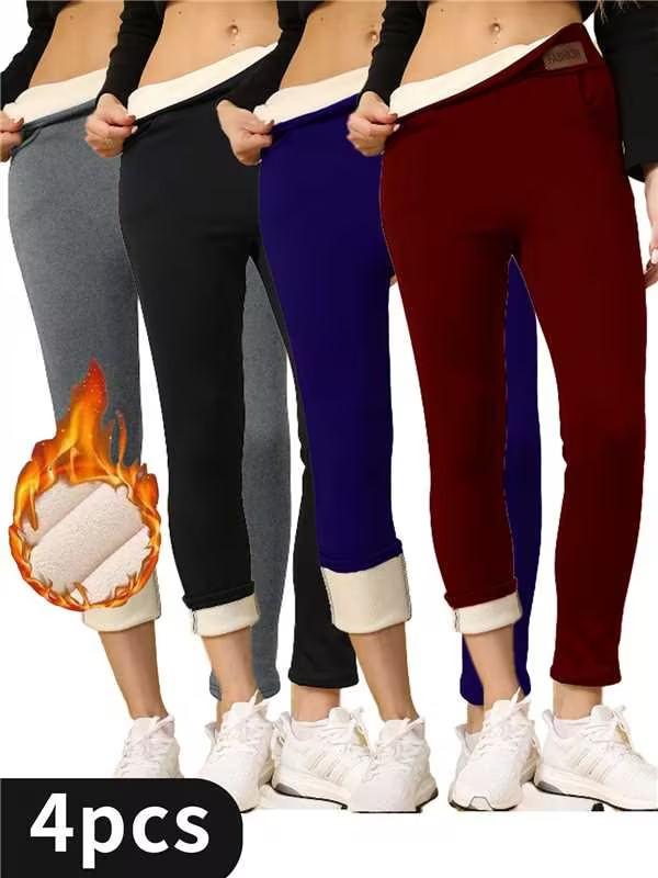 4 Pcs Full-Length High-Waisted Women's Fleece-Lined Leggings, Slim Fit, Warm, Sports Style Athletic Casual Pants for Fall & Winter