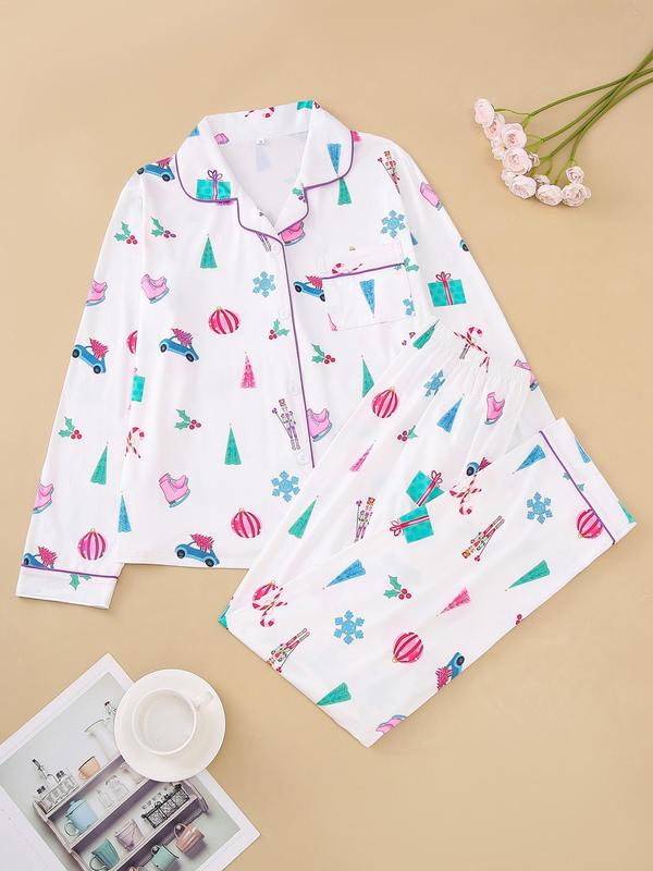 Two-piece Set Women's Christmas Print Button Front Pocket Shirt & Elastic Waist Pants Pyjama, Casual Comfy Long Sleeve Collared Top & Trousers Pyjama Set, Sleepwear for Spring, Fall Clothing Women, Pajama Pants at Gym