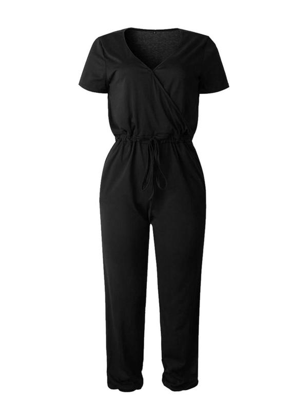 Women's Plain Wrap V Neck Pocket Drawstring Jumpsuit, Casual Solid Tee Jumpsuit for Summer, Fashion Ladies' Clothes for Daily Wear