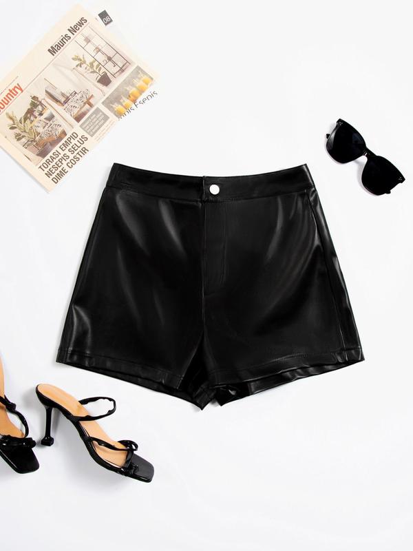 Women's Solid High Waist PU Leather Shorts, Fashion Casual Button Fly Shorts for Daily Outdoor Wear, Ladies Bottoms for Summer