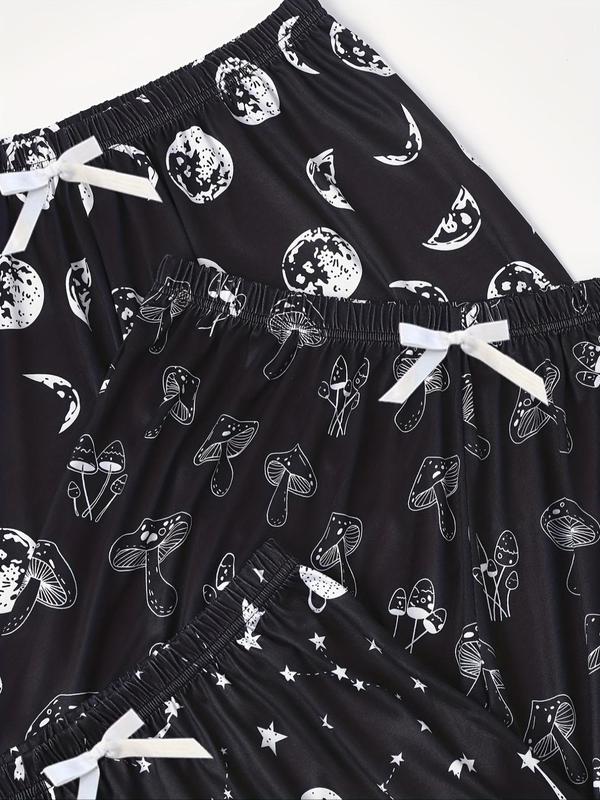  All Over Cartoon Print Bow Decor Pajama Shorts, Casual Comfy Elastic Waist Pajama Shorts, Women's Sleepwear for All Seasons