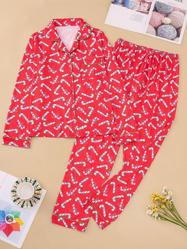 Two-piece Set Women's Christmas Print Button Front Pocket Shirt & Elastic Waist Pants Pyjama, Casual Comfy Long Sleeve Collared Top & Trousers Pyjama Set, Sleepwear for Spring, Fall Clothing Women, Pajama Pants at Gym