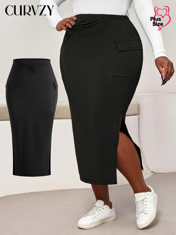 CURVZY  Solid Pocket Split Thigh Pencil Skirt, Casual Elastic Waist Midi Skirt for Daily Wear, Women's Bottoms for All Seasons