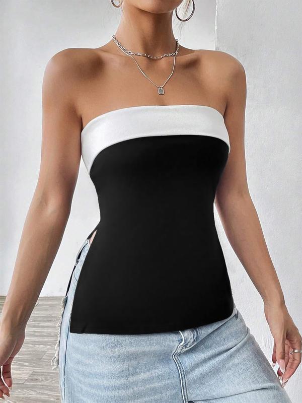 Women's Colorblock Backless Split Side Tube Top, Casual Strapless Top for Summer,  Women's Clothing for Daily Wear