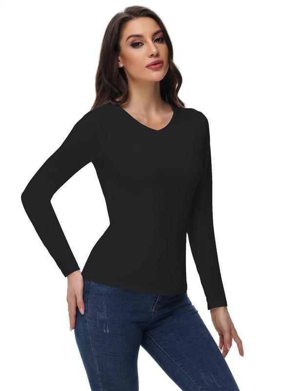 Women's Solid Long Sleeve Sports  Thermal Underwear Top, Casual Comfy V Neck Sports Top for Daily Wear, Ladies Sportswear for All Seasons