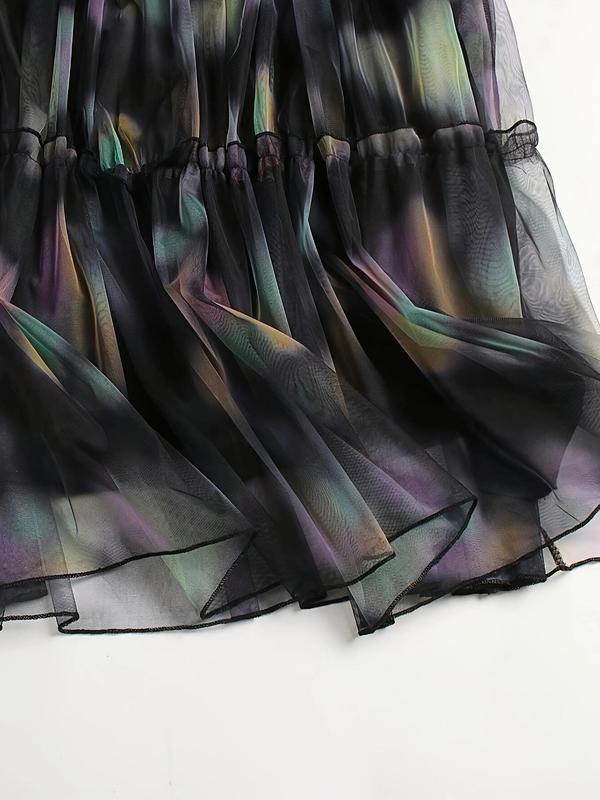 Women's All Over Print Contrast Mesh Frill Trim A Line Skirt, Elegant High Waist Long Skirt for Vacation Holiday Daily, Ladies Bottoms for All Seasons