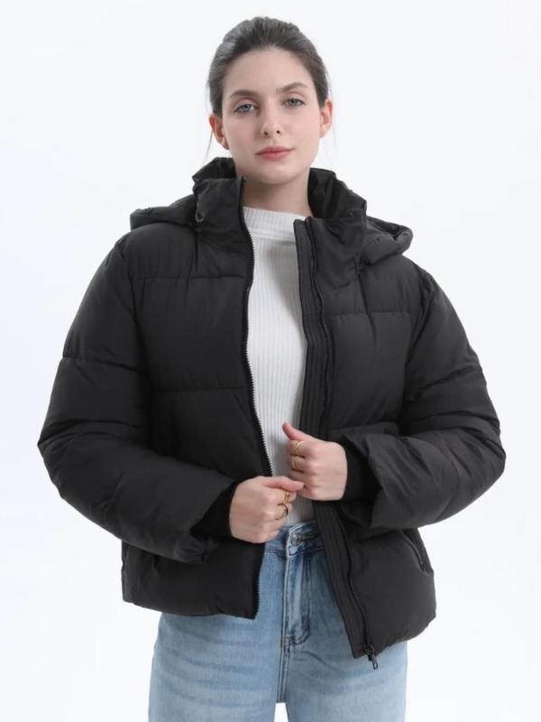 Women's Solid Zip Up Pocket Hooded Warm Puffer Jacket, Casual Windproof Waterproof Long Sleeve Outerwear Coat for Fall & Winter Daily Wear