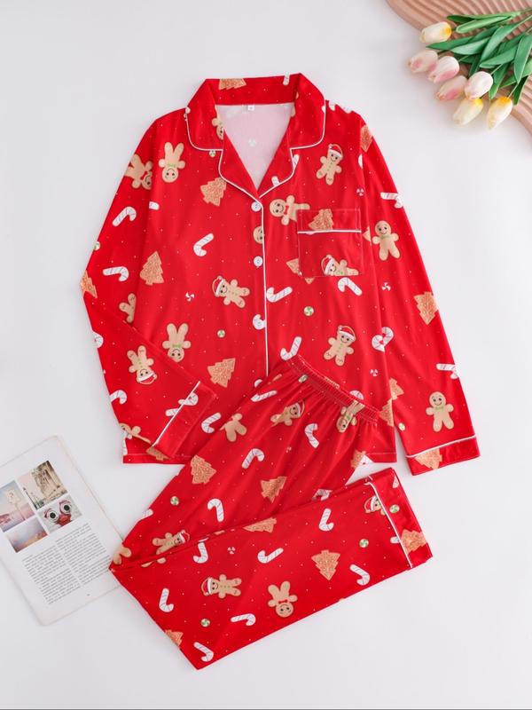 Two-piece Set Women's Christmas Print Button Front Pocket Shirt & Elastic Waist Pants Pyjama, Casual Comfy Long Sleeve Collared Top & Trousers Pyjama Set, Sleepwear for Spring, Fall Clothing Women, Pajama Pants at Gym