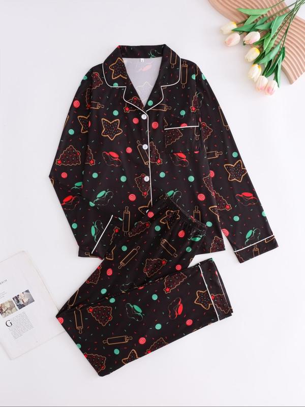 Two-piece Set Women's Christmas Print Button Front Pocket Shirt & Elastic Waist Pants Pyjama, Casual Comfy Long Sleeve Collared Top & Trousers Pyjama Set, Sleepwear for Spring, Fall Clothing Women, Pajama Pants at Gym