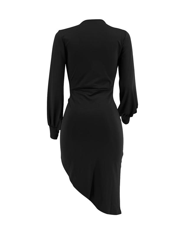 Women's Plain Ruched Wrap Split Thigh Bodycon Dress, Elegant Bishop Sleeve V Neck Midi Dress for Party Club Dating Wear, Ladies Clothes for All Seasons