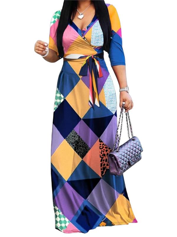 Women's Colorblock Floral Print 3 4 Sleeve A Line Dress with Belt, Casual V Neck Long Dress for Summer, Ladies Clothes for Daily Wear