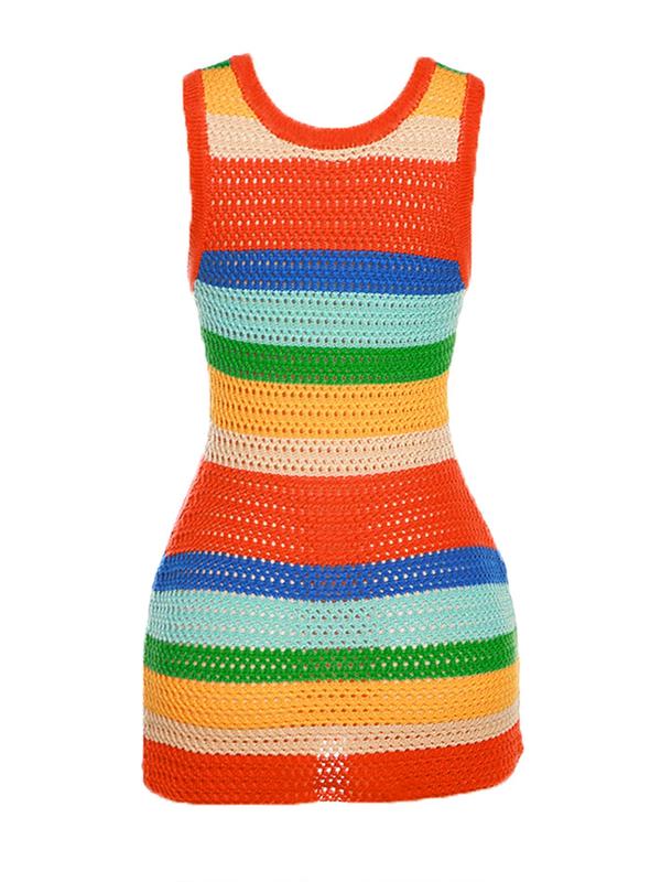 Women's Colorblock Striped Print Hollow Out Crochet Bodycon Dress, Dress in Club, Dresses for Women, Summer Dresses 2024, Back To School Outfits, Casual Sleeveless Short Dress for Summer, Ladies Clothes for Vacation Holiday Party