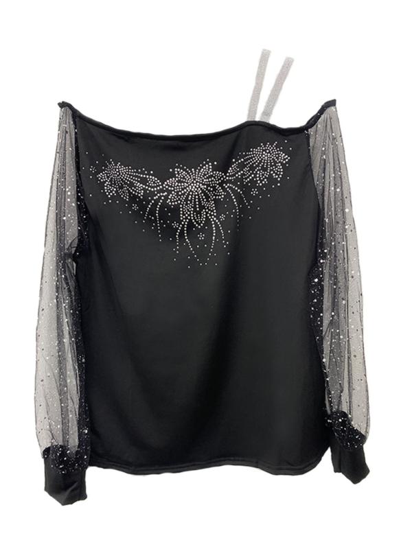 Women's Rhinestone Decor Contrast Mesh Sheer Tee, Elegant Fashion Casual Asymmetrical Neck Long Sleeve T-Shirt for Daily Outdoor Wear, Women Tops for Spring Fall