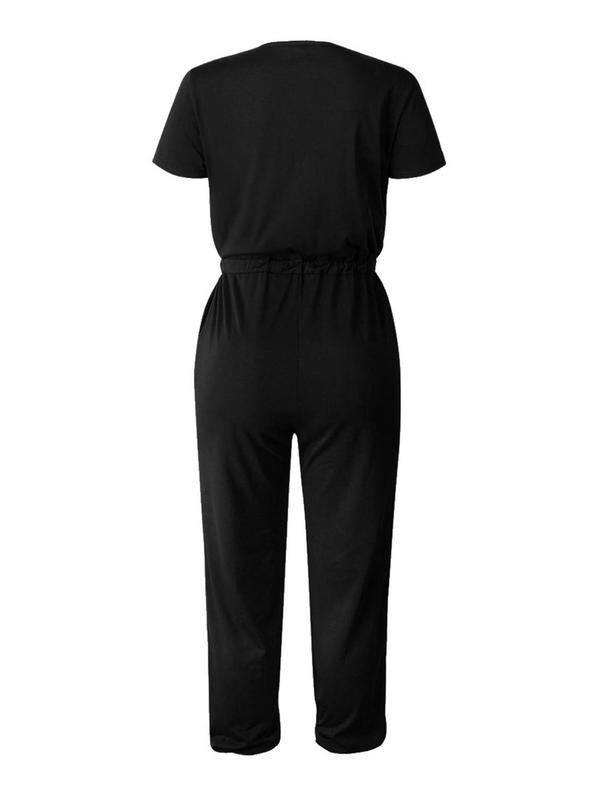 Women's Plain Wrap V Neck Pocket Drawstring Jumpsuit, Casual Solid Tee Jumpsuit for Summer, Fashion Ladies' Clothes for Daily Wear