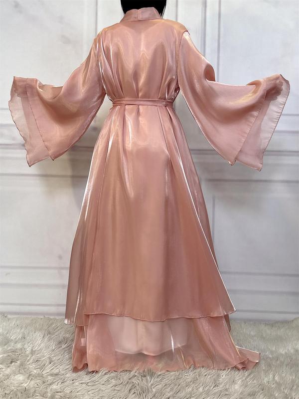 Women's Solid Color Belted Flounce Sleeve Satin Lounge Robe, Elegant Tiered Layer Long Sleeve Dressing Gown, Women Nightwear, Ladies Sleepwear for Spring & Fall, Fall Wear, Fallfreshness, Fall Clothing