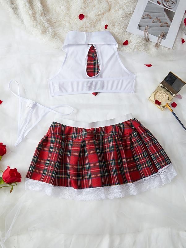 3-piece Women's Lace Red Plaid Skirt Underwear Lingerie Set, Pajama Set, Light, Breathable and Comfortable Home Underwear Exuding Confidence and Unique Charm, Valentine's Day