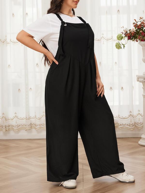 CURVZY Plus Size Solid Pocket Wide Leg Jumpsuit without Tee, Casual Knot Front Sleeveless Overall Jumpsuit for Summer & Fall, Women's Plus Clothing for Daily Wear