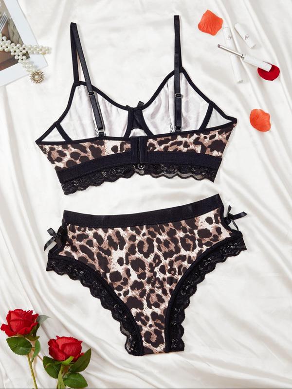 Women's Leopard Print Contrast Lace Bra & Panty Two-piece Set, Sexy Scallop Trim Bow Decor Lingerie Set, Soft Comfy Breathable Underwear Set for Women