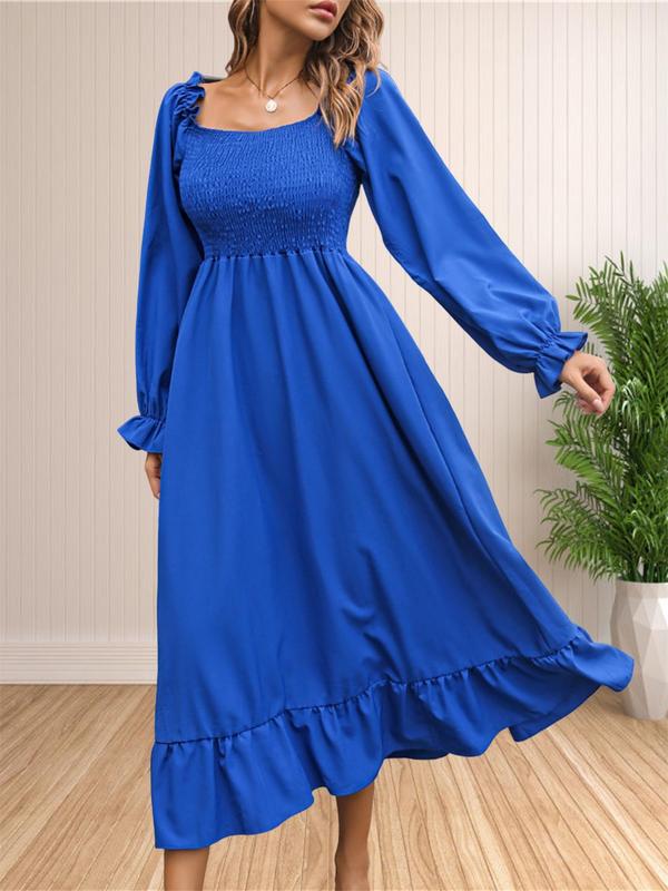 Plain Frill Trim Shirred Ruffle Trim A Line Dresses for Women, Elegant Long Sleeve Square Neck Long Dress for Party Holiday Wedding Guest, Birthday Dresses 2024, Ladies Fall & Winter Clothes, Dresses for Women, Wedding Guest Dress, Fall Clothing Women