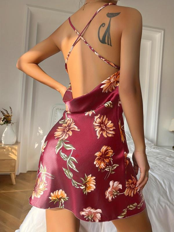 Women's Floral Print Criss Cross Draped Cami Nightdress, Sleeveless Spaghetti Strap Backless Nightgown, Summer Sleepwear for Women