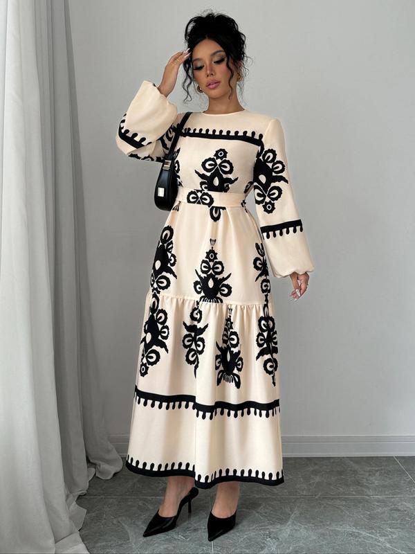 Women's Random Floral Print Long Sleeve Dress, Boho Fashion Casual Long Dress for Daily Holiday Vacation Wear, Women Dress for Fall & Winter