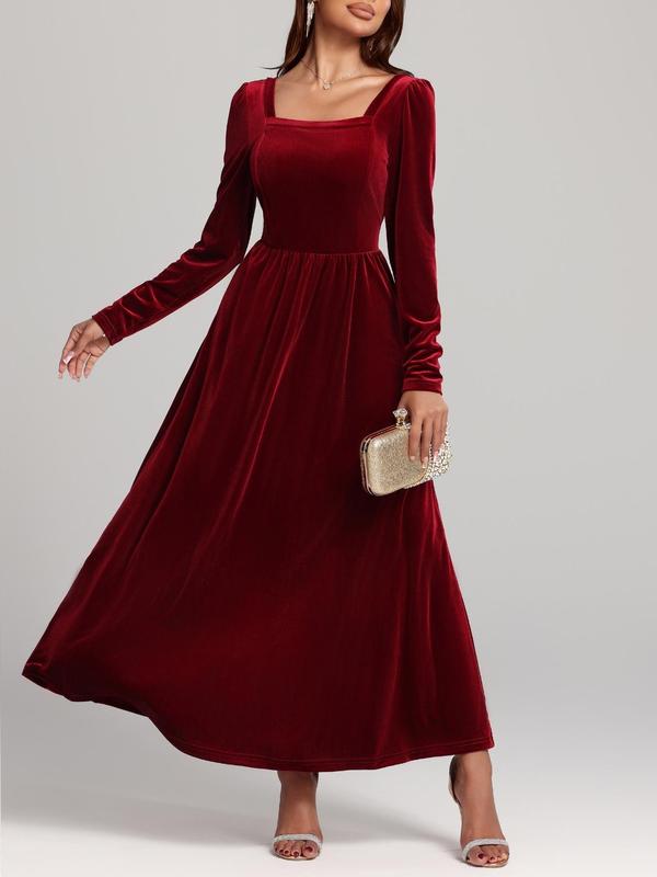 Women's Solid Backless Velvet Dress, Elegant Solid Color Long Sleeve Maxi Dress for Party Holiday Wedding Guest, Ladies Clothes for All Seasons