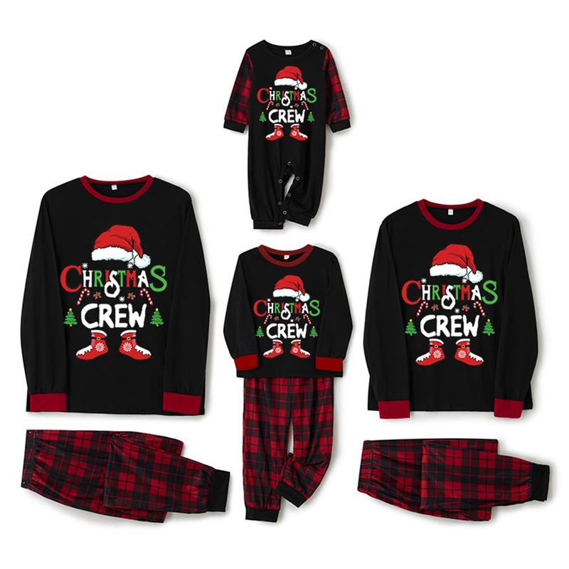 Hot New Black Christmas Family Pajamas Matching Set, Long Sleeve Letters Print T-shirt with Plaid Pants Sleepwear Loungewear