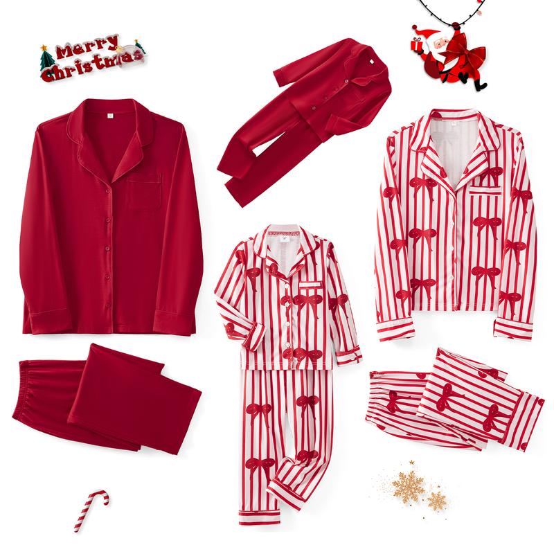 New Red Family Matching Pajama Set Lapel Neck Button-up Long Sleeve Tops Long Pants 2-Piece Bow Solid Color Loungewear Outfit