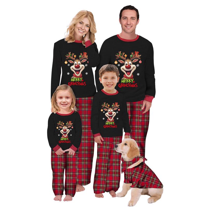 Family Matching Pajamas Christmas Elk Print Long Sleeve Tops and Elastic Plaid Pants Set for Loungewear Soft Sleepwear Comfortable Round Neck