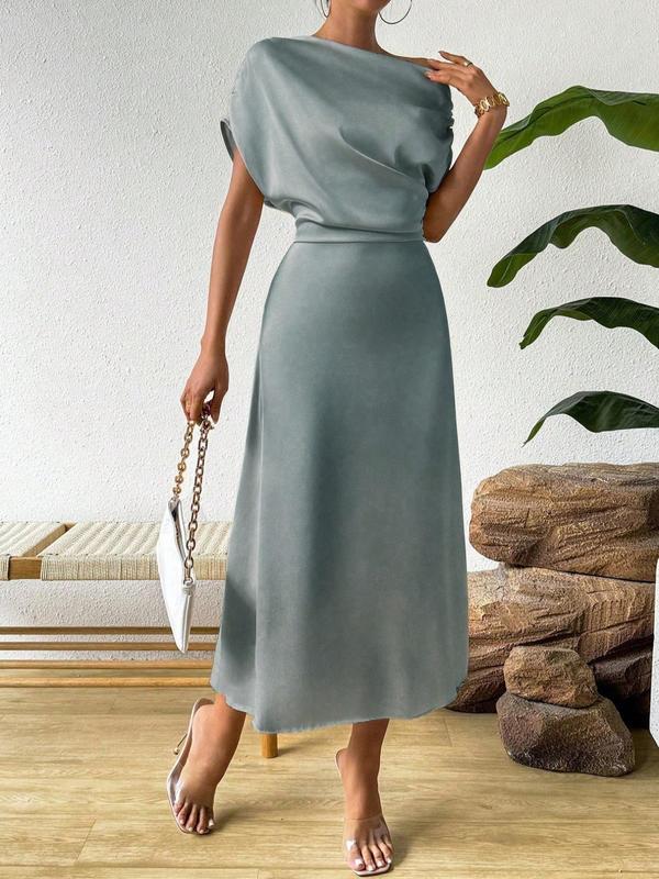 Women's Plain Ruched Asymmetrical Neck Batwing Sleeve Dress, Elegant Short Sleeve A Line Dress for Party Holiday Wedding Guest, Ladies Summer Clothes