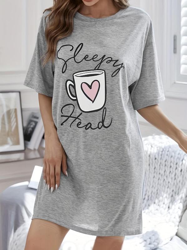 Women's Cartoon Coffee & Letter Print Drop Shoulder Nightdress, Casual Soft Comfortable PJ Nightgown For Women, Women's Sleepwear For Summer