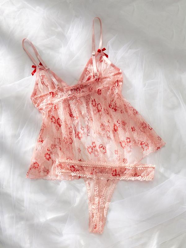 Women's Floral Print Sheer Lace Sexy Lingerie Set, Bow Decor Split Lingerie Top & Thong Set, Romantic Underwear Set for Ladies