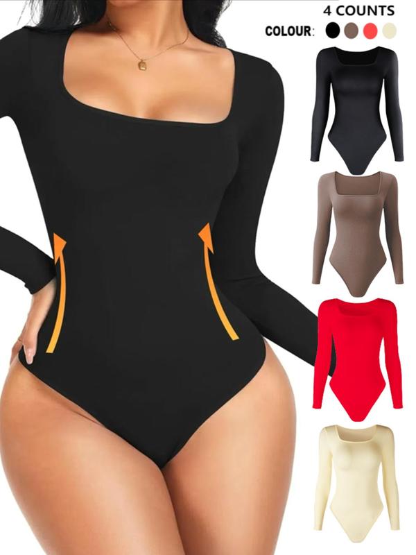 Women's Solid Long Sleeve Square Neck Shapewear Bodysuit, Casual Comfy Tummy Control Butt Lift Shaper, Ladies Shapewear for Daily Wear