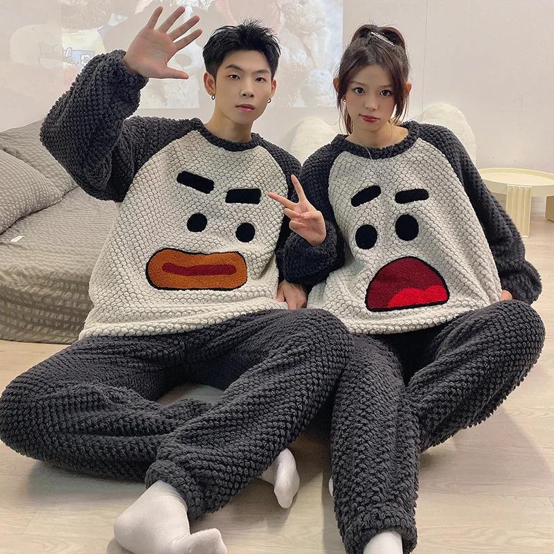 Winter Warm Cute Cartoon Pajamas Couple Set Women Coral Fleece Flannel Men's Home Wear